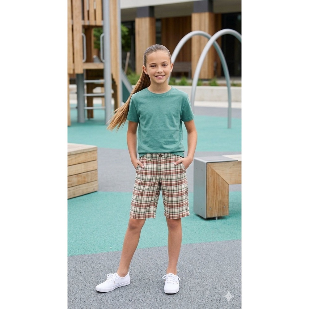 Lands End girls plaid knee length shorts size 8 - 100% cotton tan teal pink
